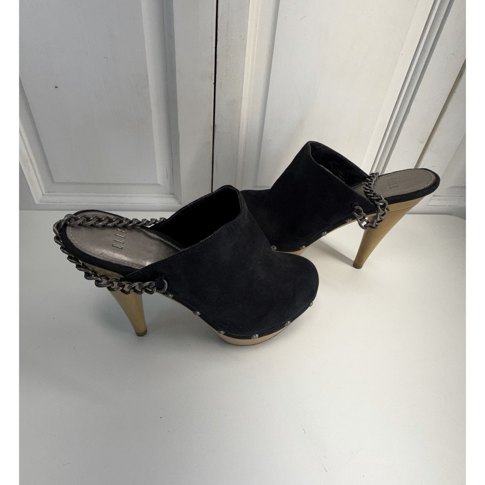 ELLE Ilona Size 6 Black Faux Suede Metal Chain Stud Biker Sexy Mule Heels